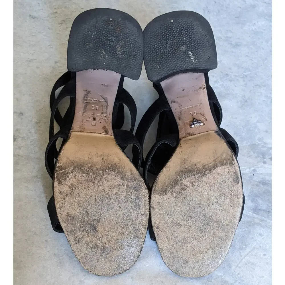 Prada Suede Gladiator Block Heel Sandals in Black, Size 9